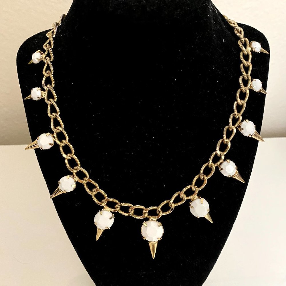White Gem & Gold Spikes Statement Necklace